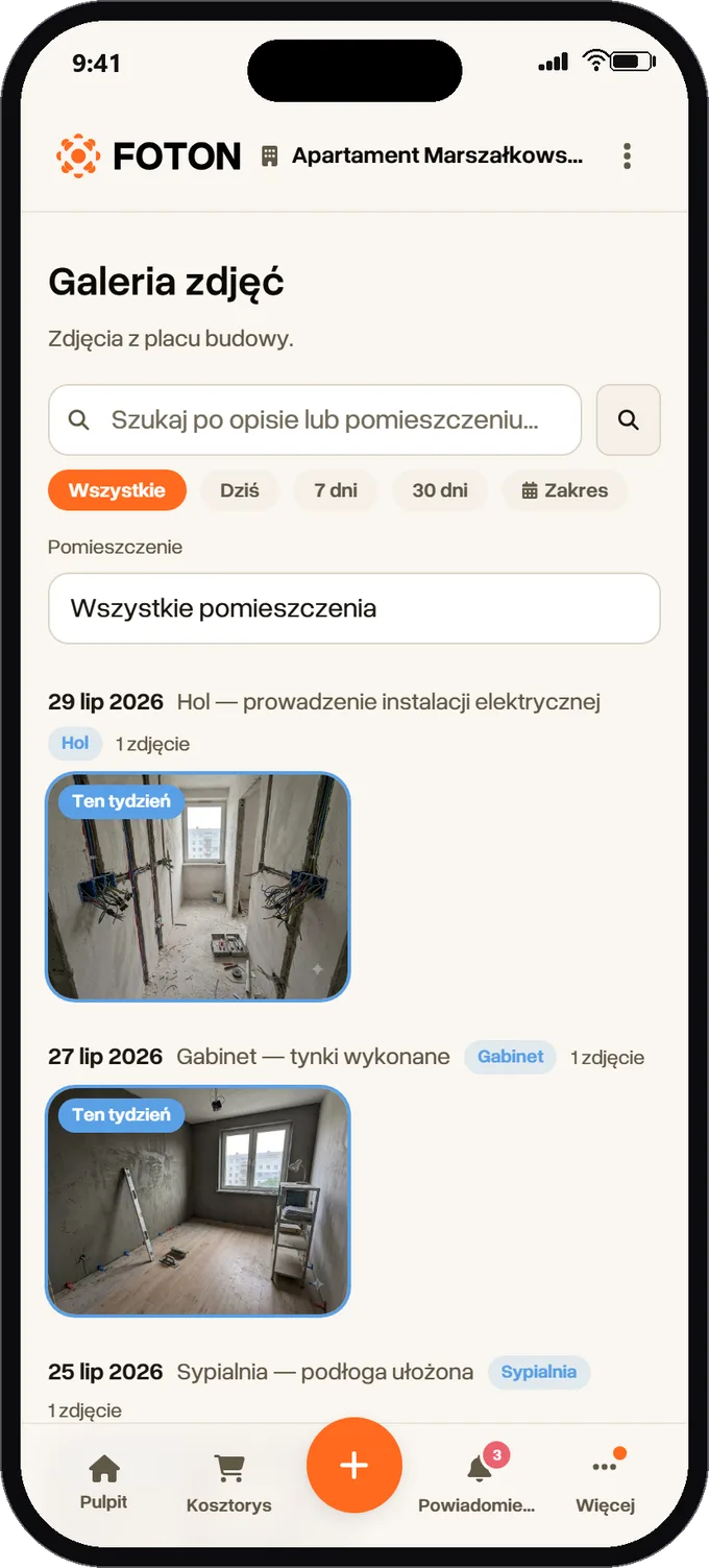 Galeria datowanych zdjęć z placu budowy w aplikacji FOTON