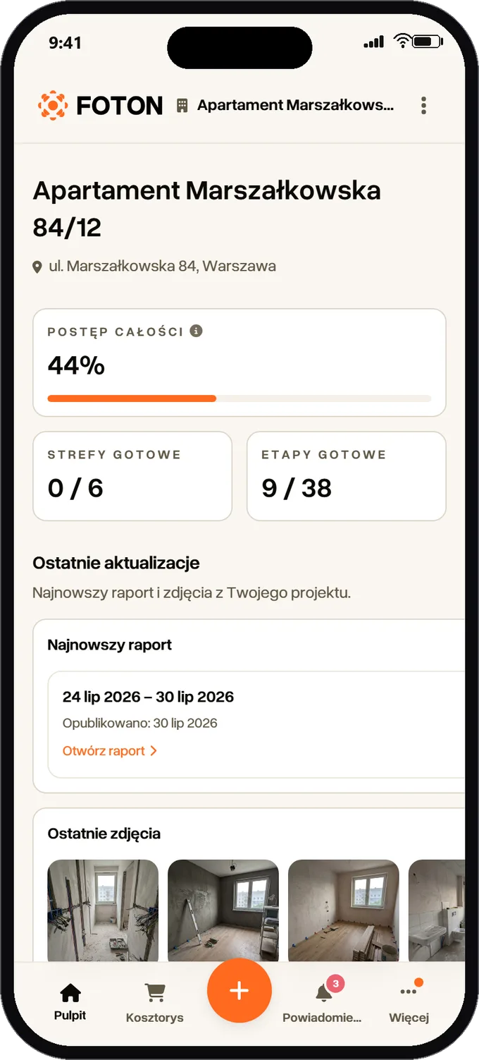 Pulpit projektu z postępem prac w aplikacji FOTON